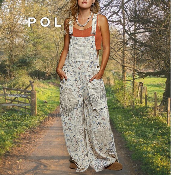 POL Floral Denim Boho Crochet Patchwork Flare Leg Suspenders Strap Jean Overalls - Picture 2 of 12